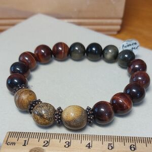 Men’s Natural Stone Stretch Bracelet  Tiger’s Eye Jasper  8.5" 12mm